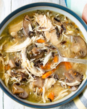 Overhead photo of chicken mushroom and wild rice soup.