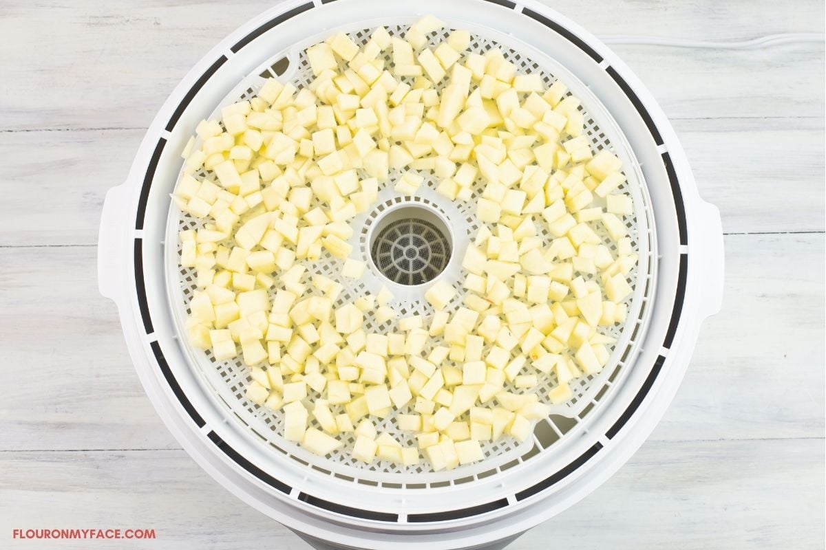 A dehydrator tray filled with diced apple pieces.
