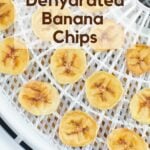 Close up of dried banana chips on a dehydrator tray.