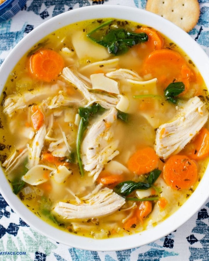 Overhead photo of a bowl of chicken noodle soup.