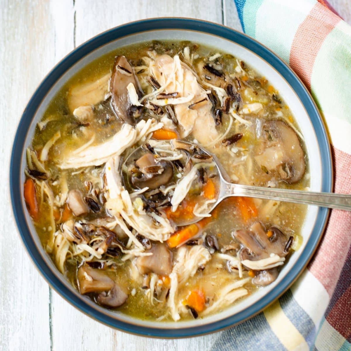 Overhead photo of chicken mushroom and wild rice soup.