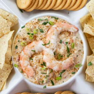 Overhead photo of hot shrimp dip in a serving plate.