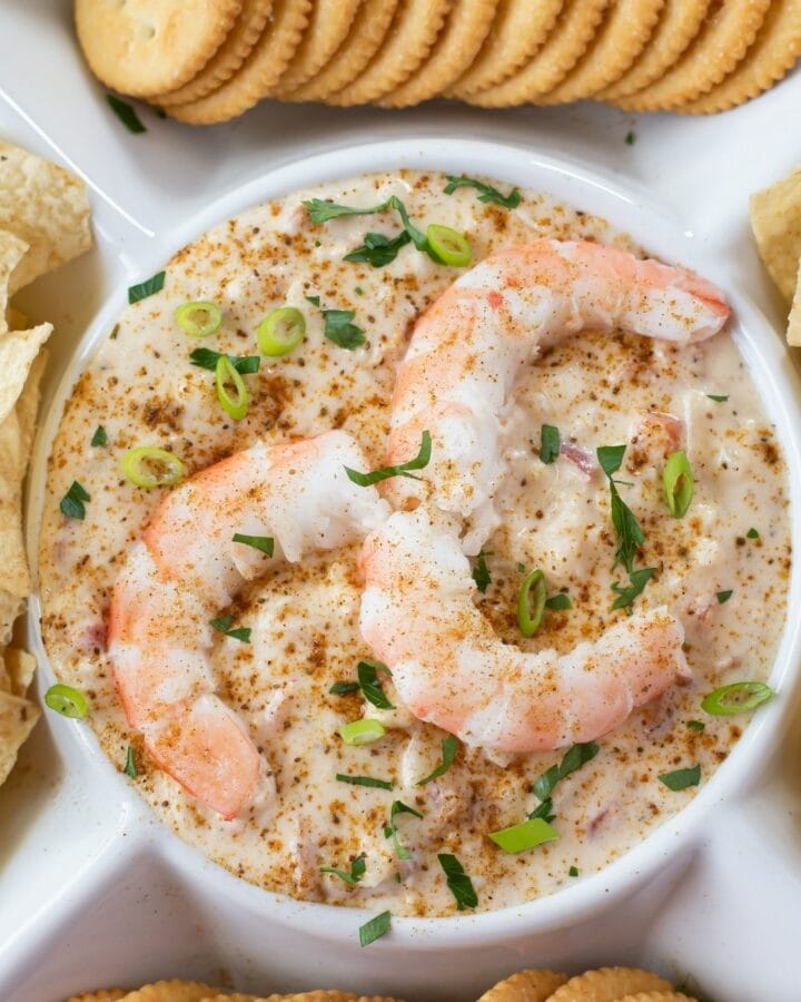 Overhead photo of hot shrimp dip in a serving plate.
