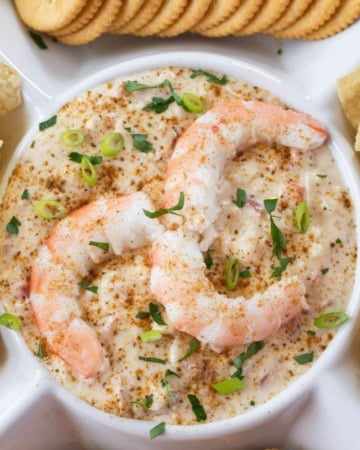 Overhead photo of hot shrimp dip in a serving plate.