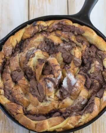 Nutella French Toast Casserole in an iron skillet.