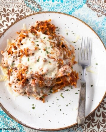 A serving of Crock Pot Cheesy Beef Spaghetti on a plate.