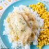 Chicken Cordon Bleu served on rice with corn.