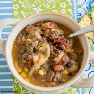 A soup bowl filled with southwestern hamburger soup.