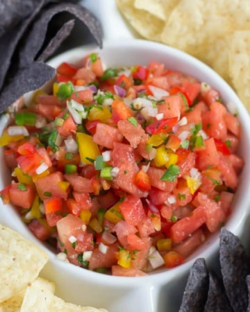 Watermelon salsa in a dip bowl.