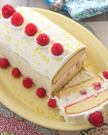 Raspberry and Lemon curd ice box cake on a serving platter.