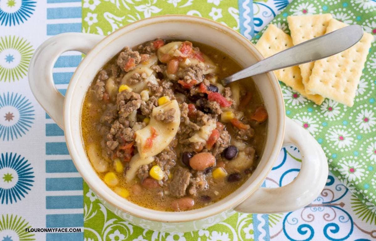 A bowl filled with hamburger soup.