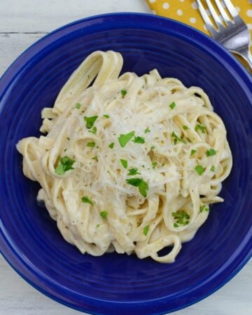 A blue bowl filled with pasta tossed with alfredo sauce with milk.