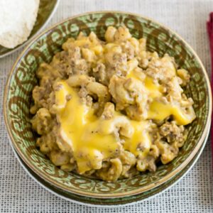 Crock Pot Beef Macaroni and cheese in a bowl.