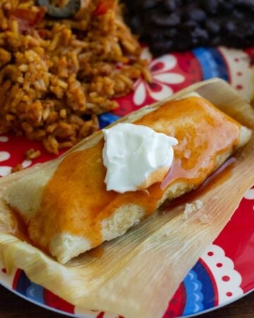 A homemade tamale on a dinner plate.