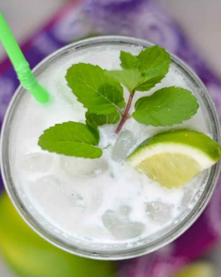 Coconut Mojito in a glass with mint and lime wedge.