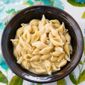 A bowl filled with Instant Pot Gouda Mac and Cheese.