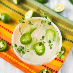 Jalapeno Thyme Margarita in a glass.