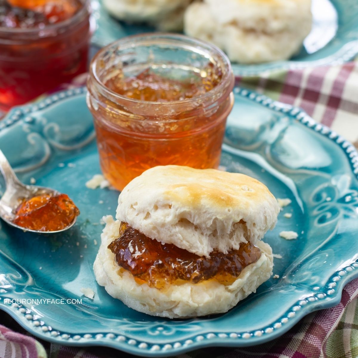 A jar of scuppernog jelly with a biscuit on a plate.