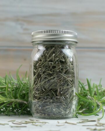 Dehydrated rosemary in a glass spice bottle.