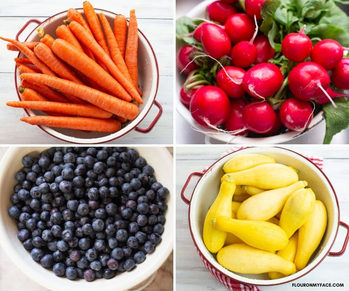 Collage image of fresh carrots, radishes, blueberries, and yellow squash.