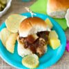 A pineapple pulled pork slider with chips and pineapple chunks on a plate.