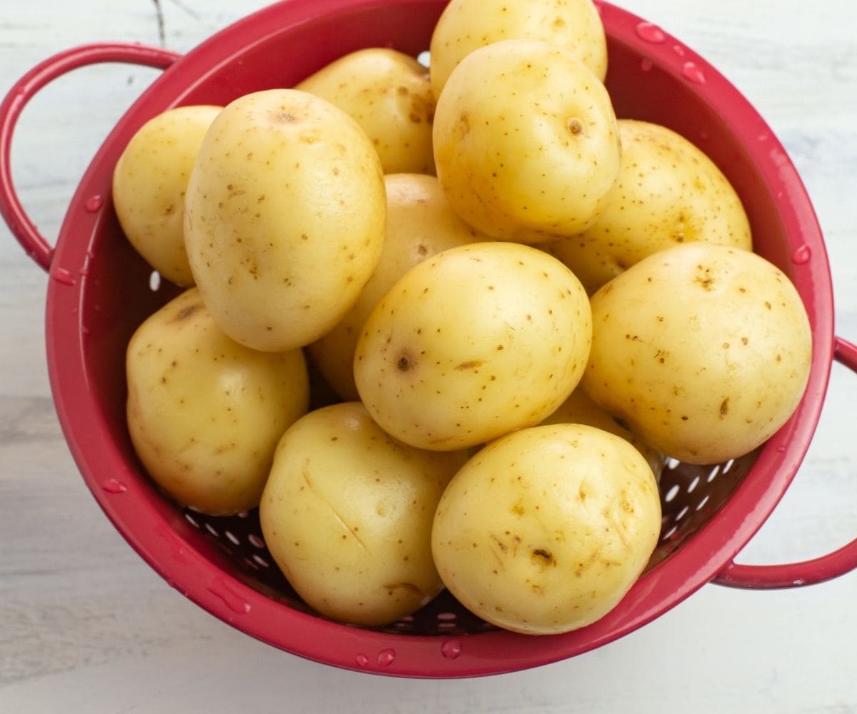 White potatoes in a small red enamel colander.