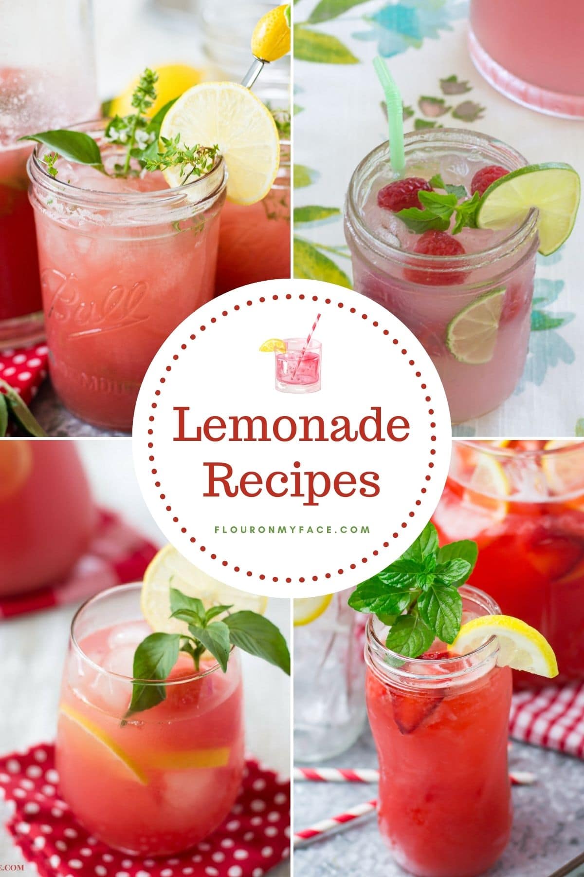 Four photo collage of fruity and herbal flavored homemade lemonade recipes.