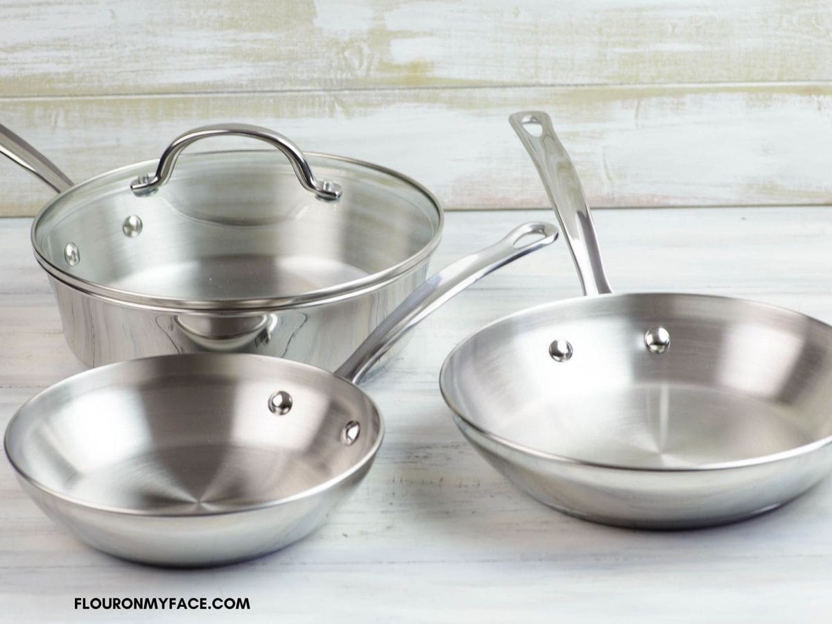 Three skillets and one lid included in the cookware set giveaway.