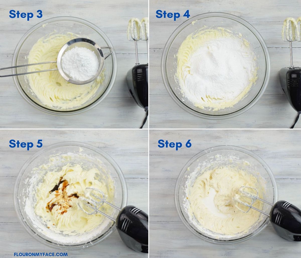 Four photo collage of step 3, 4, 5 and 6 to make buttercream frosting.