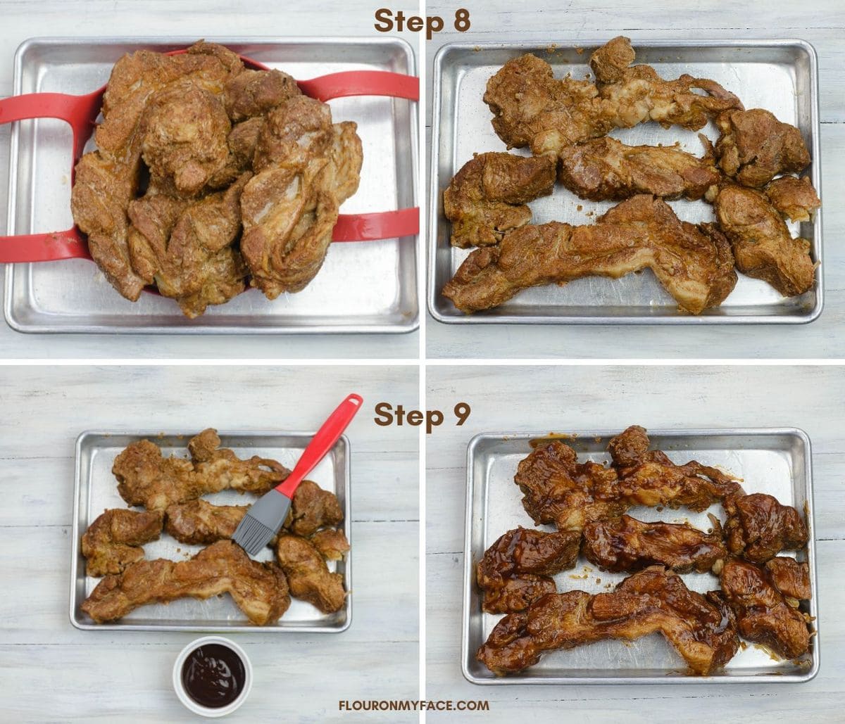 Four image collage showing the steps to glaze and brown instant pot pork ribs.