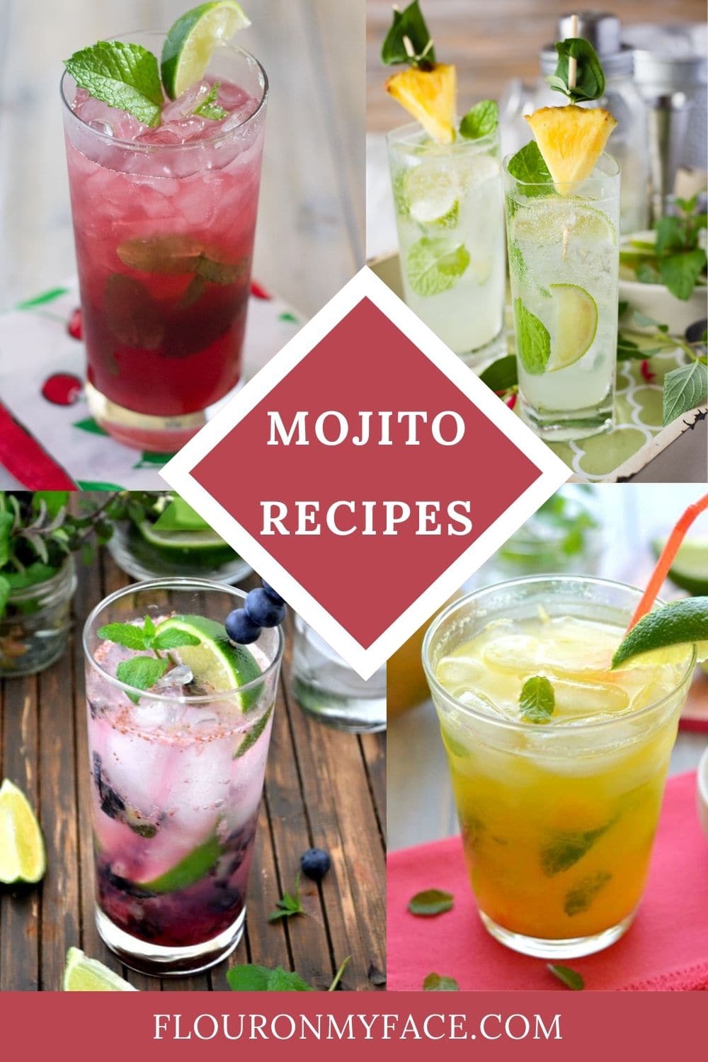 Collage image of 4 Mojito cocktails in glasses.