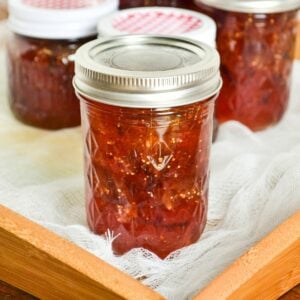 Half pint jar of homemade fig preserves.