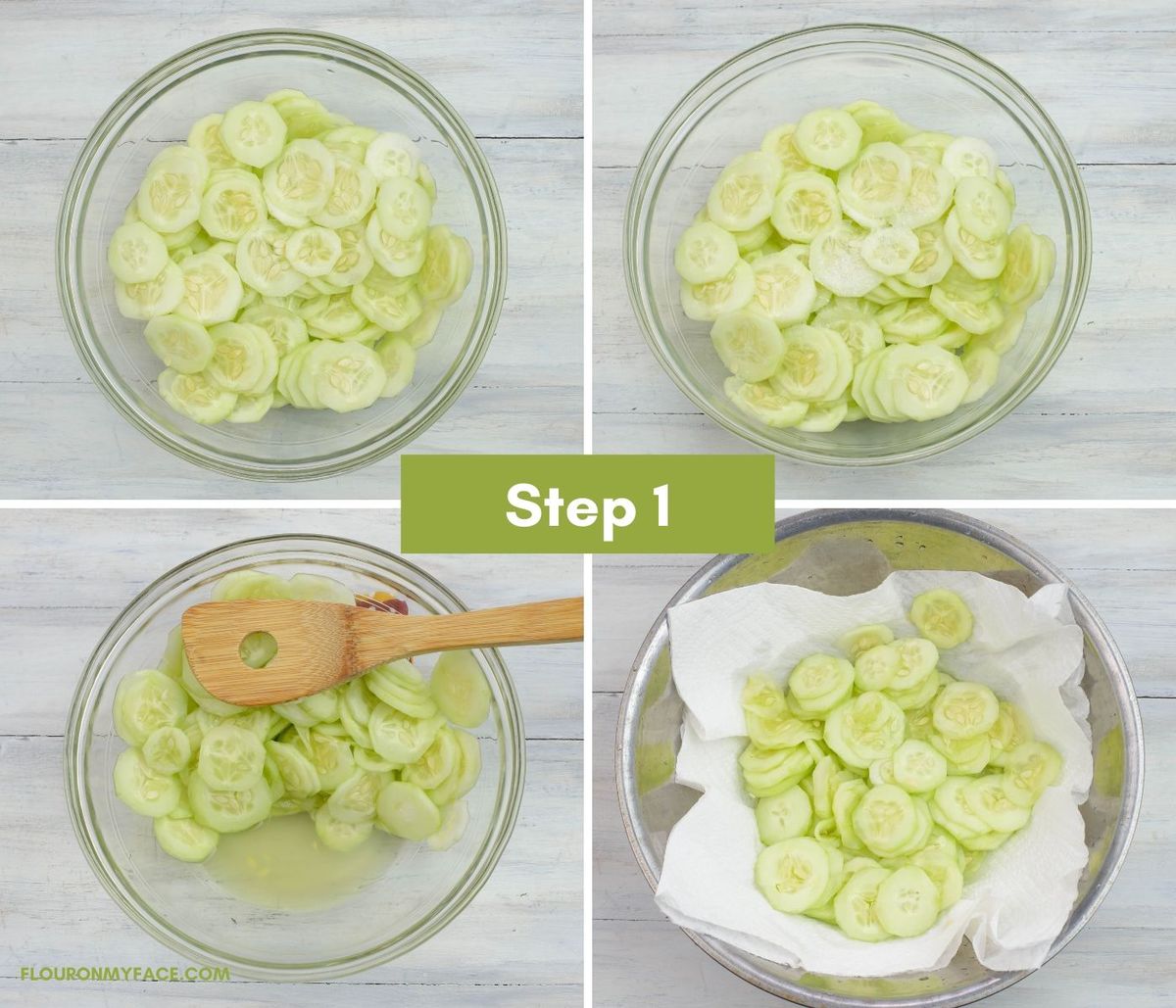 $ photo collage of sliced, salted, soaked and drained cucumber slices.