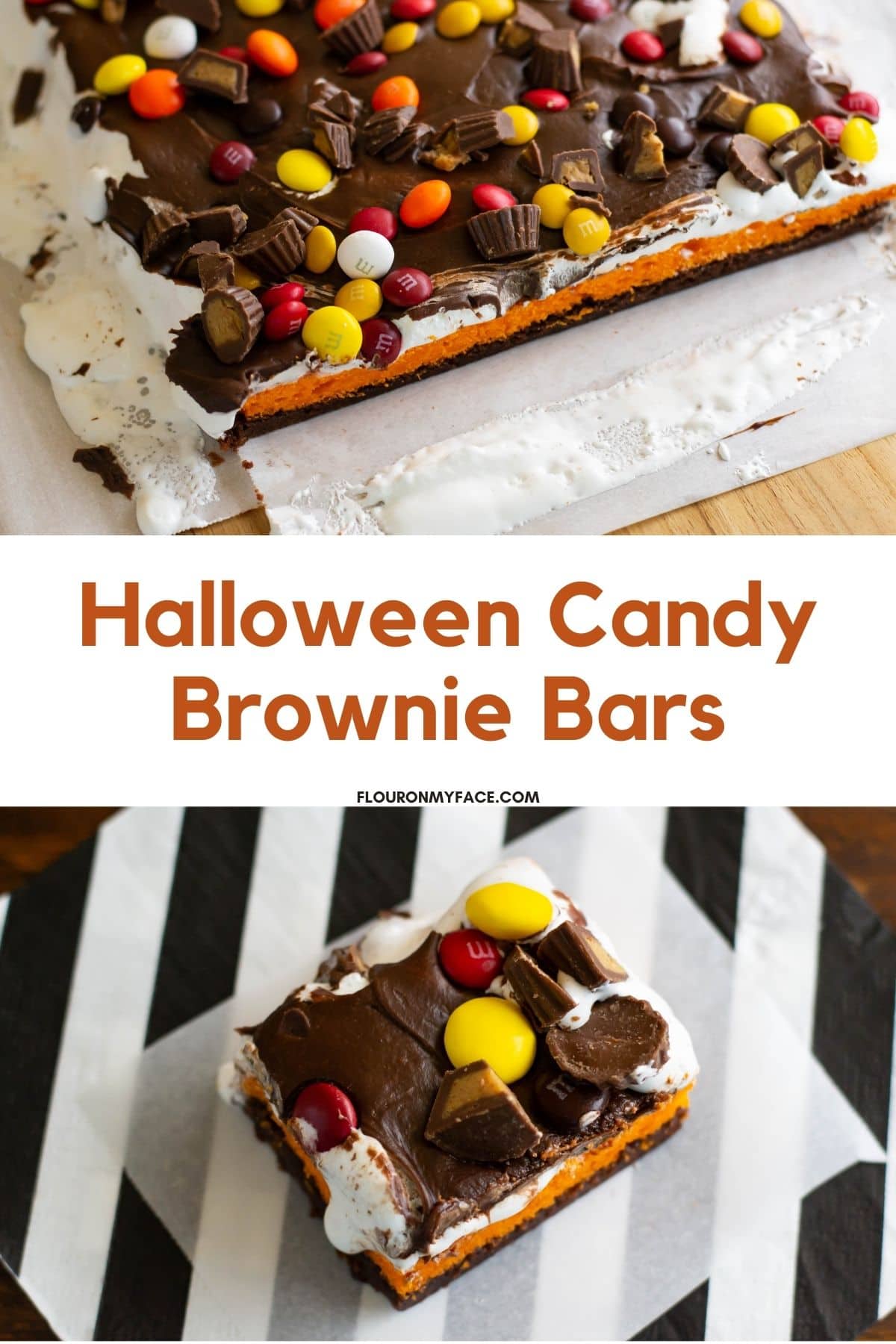 Vertical image of left over halloween candy brownie cake bars.