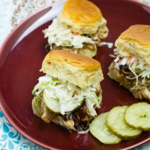 BBQ Cranberry Chicken Sliders on a dinner plate.