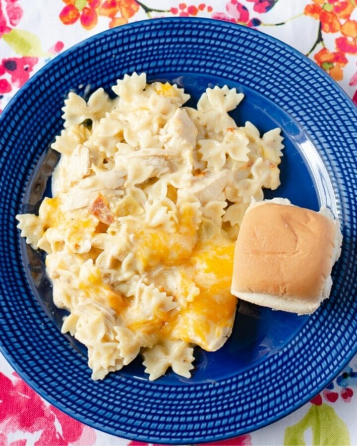 Chicken Artichoke Casserole on a blue plate.