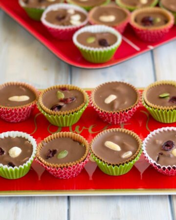 Chocolate Cherry Nut Cups in holiday paper cups.