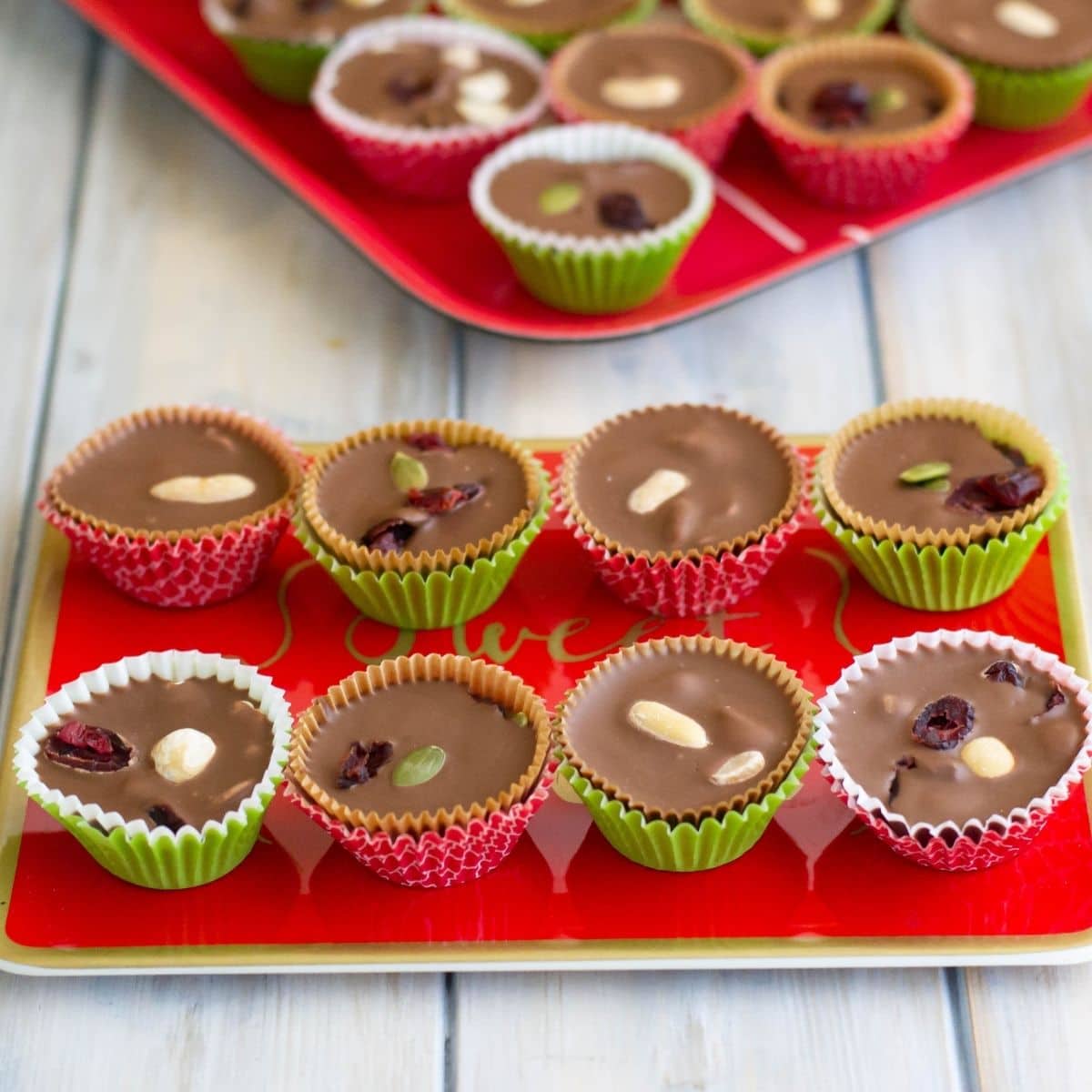 Chocolate Cherry Nut Cups in holiday paper cups.