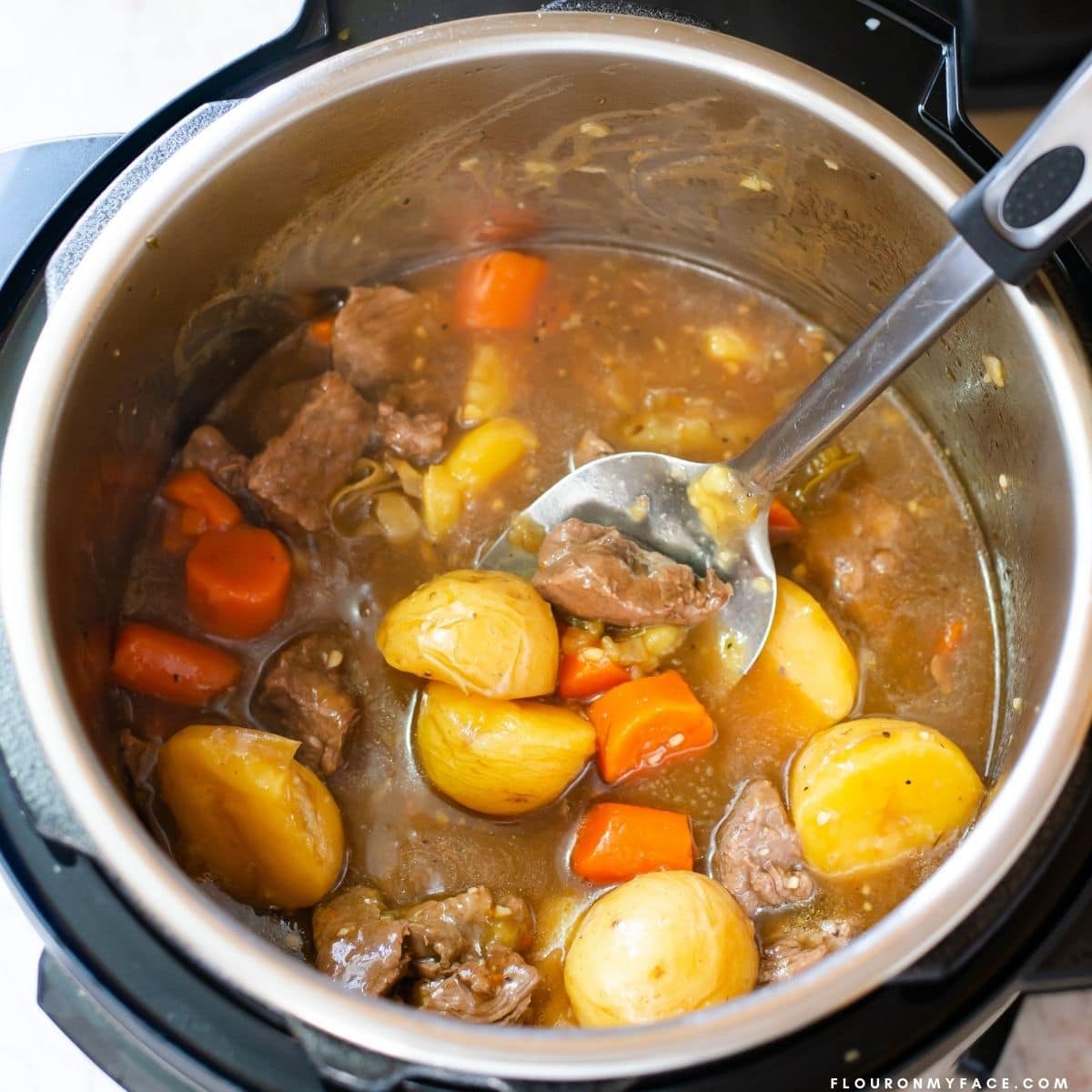 Overhead image showing beef stew with a thick gravy.
