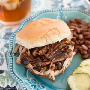A pulled pork sandwich on a plate.