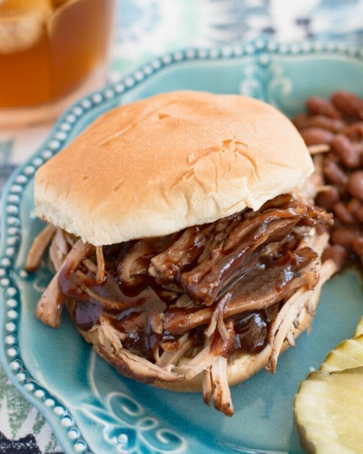 A pulled pork sandwich on a plate.