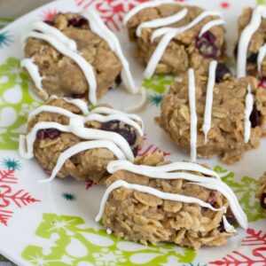 No bake peanut butter cranberry cookies on a plate.