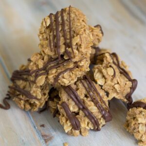 No bake peanut butter cookies in a pile.