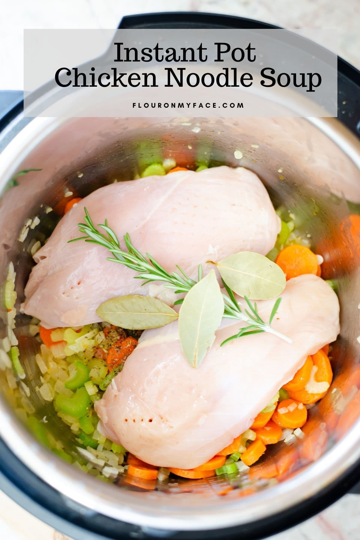 Image looking down into a Instant Pot filled with ingredients to make chicken noodle soup before pressure cooking.