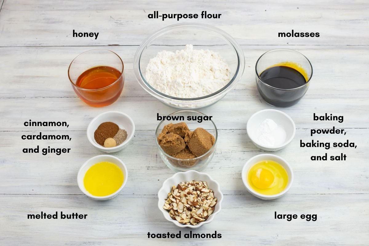 German Honey Bars ingredients in individual bowls.