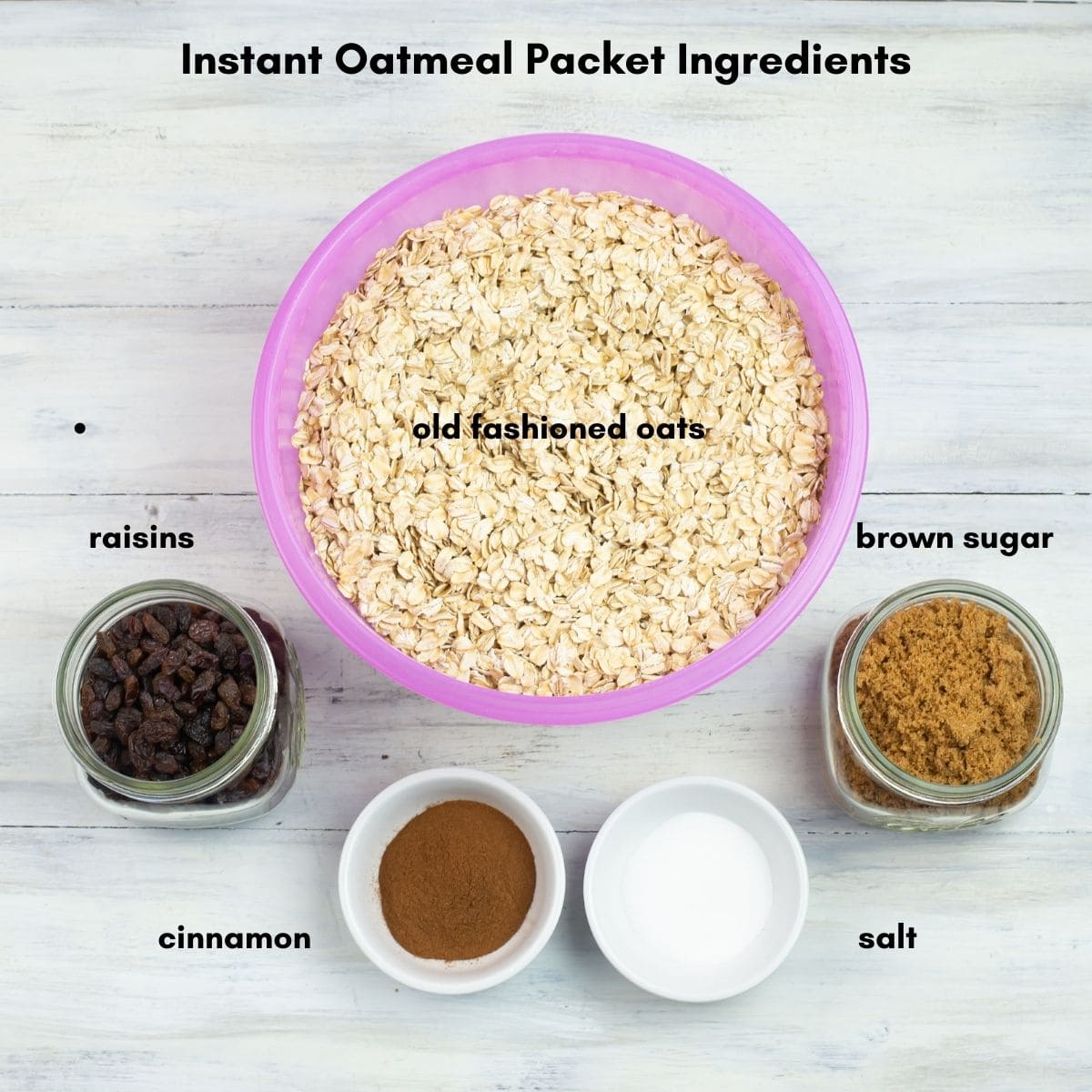 Homemade Instant Oatmeal Packets ingredients in individual bowls.