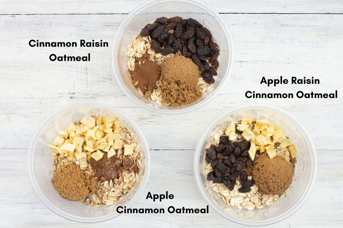3 flavors of instant oatmeal in plastic containers.