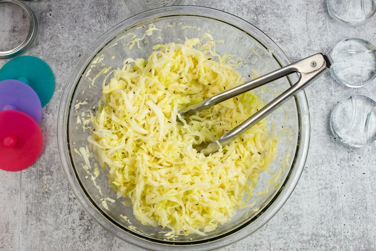A bowl filled with shredded cabbage that will be used to make sauerkraut.