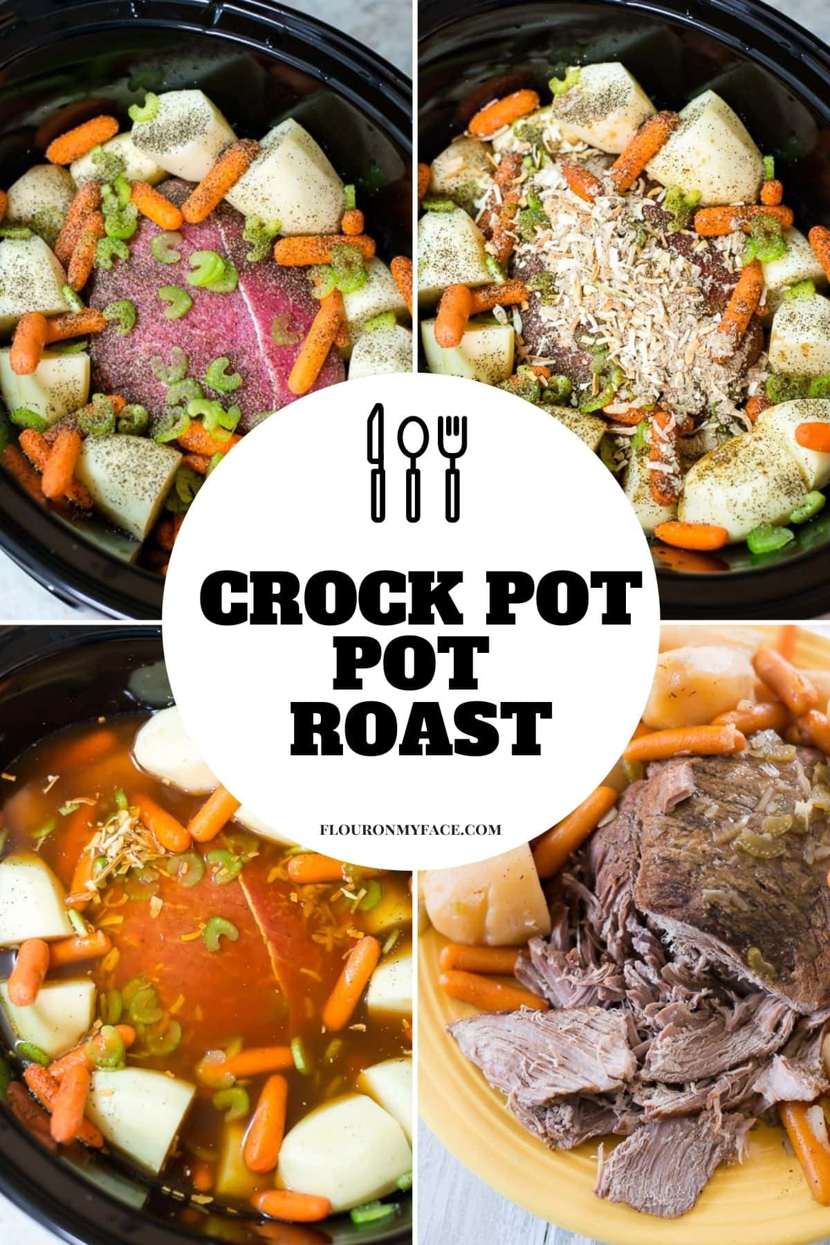 Tender Crock Pot Pot Roast recipe with potatoes, carrots and homemade gravy.