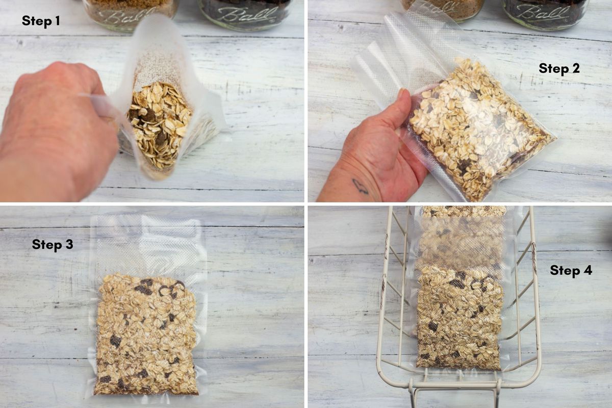 4 photo collage of the four steps to vacuum seal oatmeal packets.